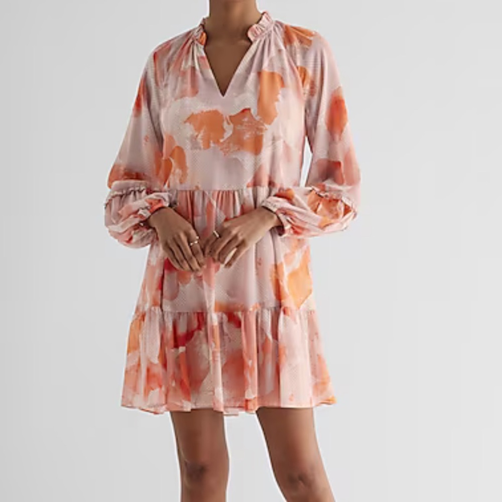 Express Petal Peach Lilac Floral Watercolor Summer Dress Long Sleeve